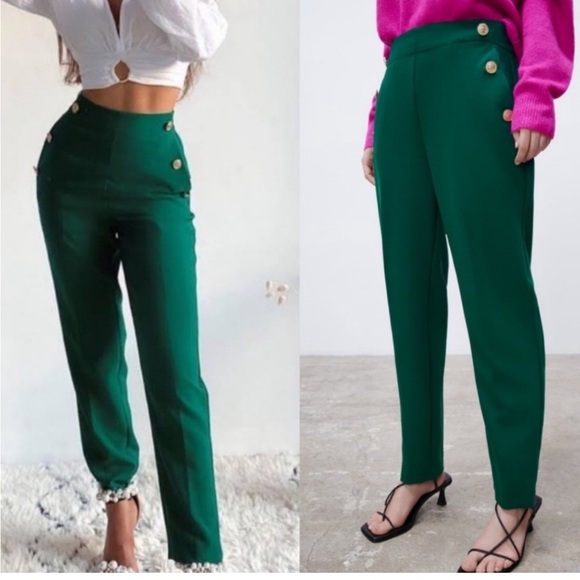 Zara Green Women's Pants with Gold Accent Buttons - Picture 3 of 15